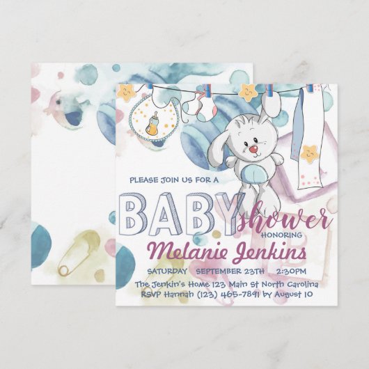 Bunny-waterverf mooi helder Baby shower Kaart (Voorkant / Achterkant)