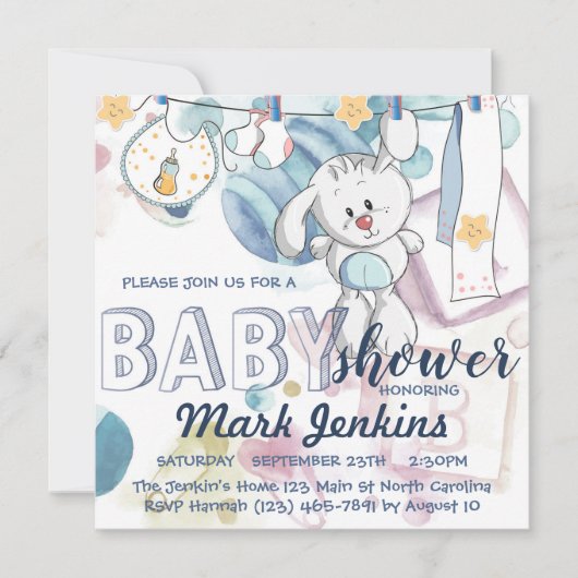 Bunny waterverf mooie heldere Baby Boy Shower Kaart (Voorkant)