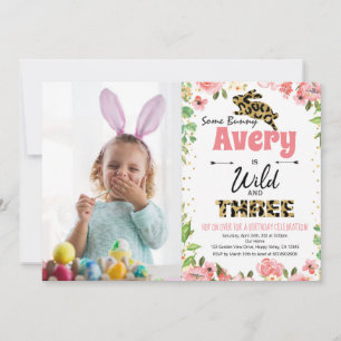 Bunny Wild en Three Birthday Photo Invitation