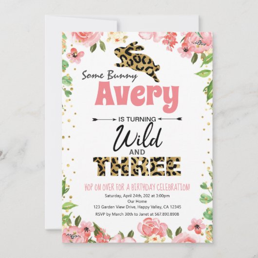 Bunny Wild & Three Girl 3rd Birthday Invitation (Voorkant)