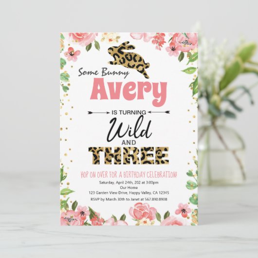 Bunny Wild & Three Girl 3rd Birthday Invitation (Staand voorkant)