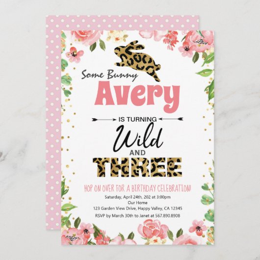 Bunny Wild & Three Girl 3rd Birthday Invitation (Voorkant / Achterkant)