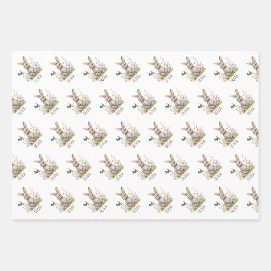 Bunny wilde bloemen aangepaste naam inpakpapier vel (Voorkant 2)