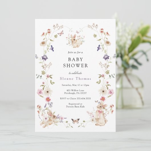 Bunny Wildflower Baby shower Kaart (Staand voorkant)