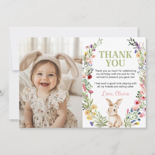 Bunny Wildflower Verjaardagsfeest Foto Bedankkaart (Voorkant)