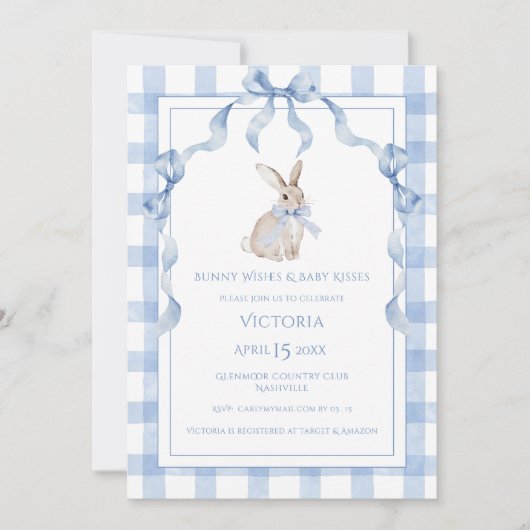 Bunny Wishes & Baby Kisses Blue Baby Shower Kaart (Voorkant)