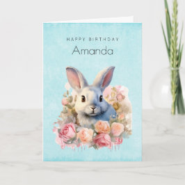 Bunny with a Garland of Roses Cute Birthday Kaart