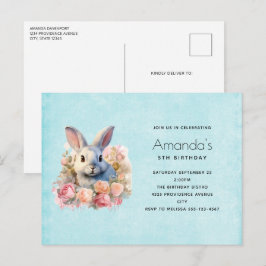 Bunny with a Garland of Roses Cute Birthday Uitnodiging Briefkaart
