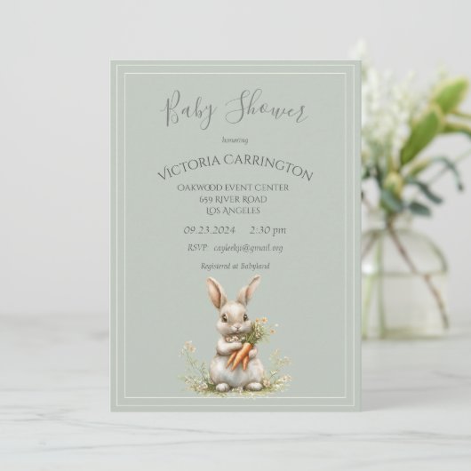 Bunny with Carrots & Flowers Baby Shower  Kaart (Staand voorkant)