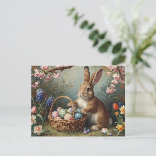 Bunny with Easter Egg Basket and Spring Garden  Feestdagenkaart (Staand voorkant)