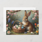 Bunny with Easter Egg Basket and Spring Garden  Feestdagenkaart (Voorkant / Achterkant)