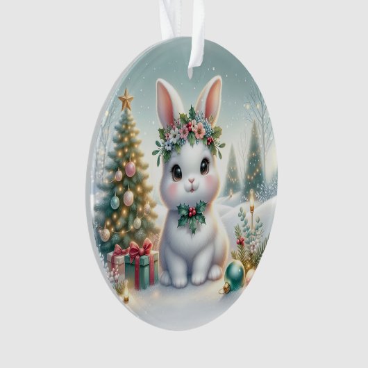Bunny with Holly Crown & Candle Glow Ornament (voorkant)