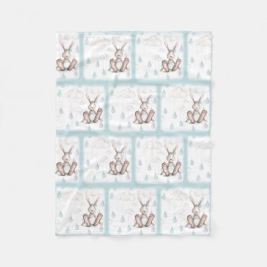 Bunny Wolken & Regendruppels -Blauw Fleece Deken (Voorkant)
