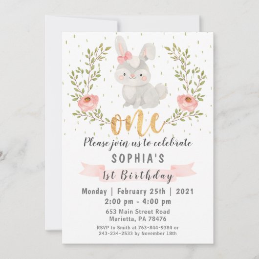 Bunny Woodland Wild One Birthday Party Uitnodiging (Voorkant)