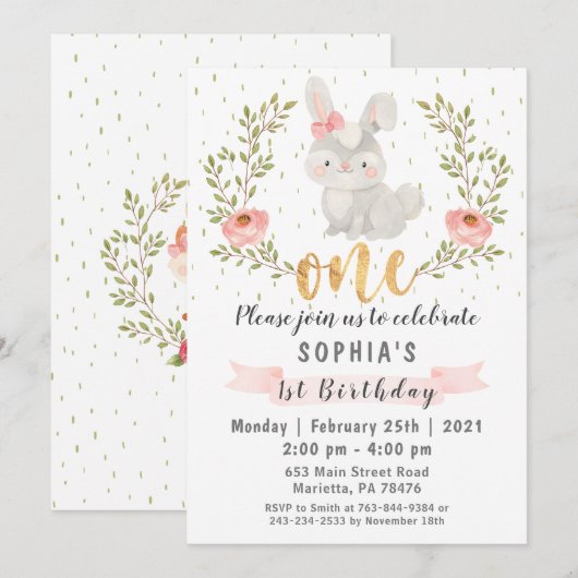 Bunny Woodland Wild One Birthday Party Uitnodiging (Voorkant / Achterkant)