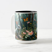 "Bunny's Blooming Haven: een avontuur in het bloem Tweekleurige Koffiemok (Voorkant links)