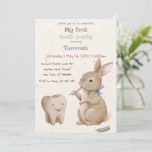 Bunny's boy Eerste Tandfeest uitnodiging (Staand voorkant)