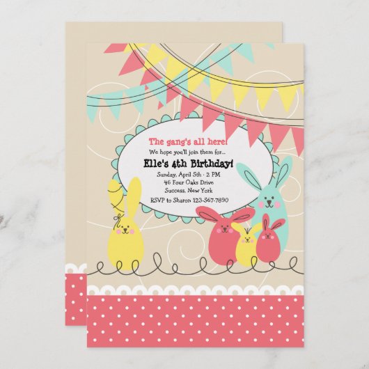 Bunny's Celebration Invitation Kaart (Voorkant / Achterkant)