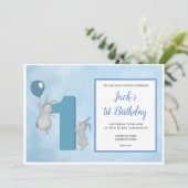 Bunny's met ballon - 1e verjaardag - Blauw Kaart (Staand voorkant)