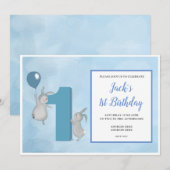 Bunny's met ballon - 1e verjaardag - Blauw Kaart (Voorkant / Achterkant)