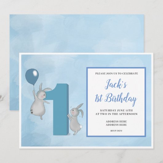 Bunny's met ballon - 1e verjaardag - Blauw Kaart (Voorkant / Achterkant)
