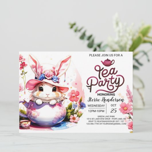 Bunny's Waterverf Tea Party Kaart (Staand voorkant)