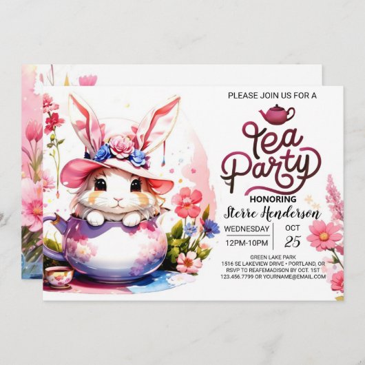 Bunny's Waterverf Tea Party Kaart (Voorkant / Achterkant)