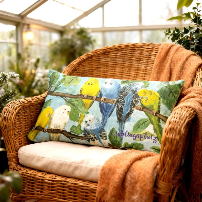 Bunte Wellensittiche - handgemalt | Kissen Kussen (Lendenkissen mit vielen niedlichen Wellensittiche - handgemaltes Motiv, personalisierbar)