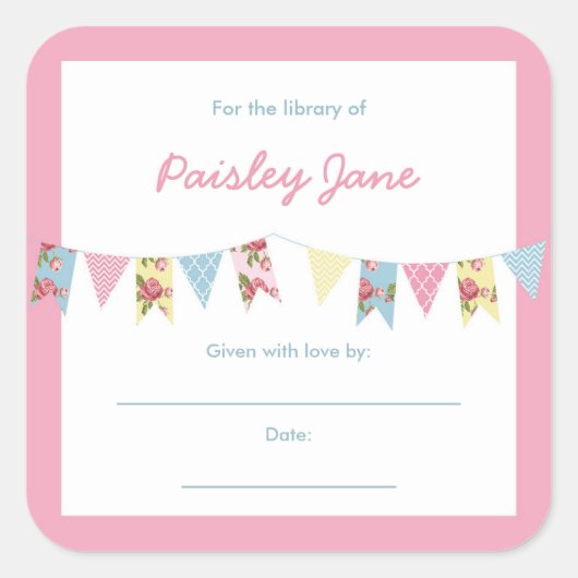 Bunting Banner Meisje Baby shower Boekplaten Vierkante Sticker (Voorkant)