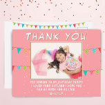 Bunting Flag Birthday Photo Thank you Briefkaart<br><div class="desc">Cute bunting flags pink birthday photo thank you postcard. Thank your guest for coming to your child`s birthday party! The design has colorful birthday party bunting flags and a photo in a frame on a pink background with white spots - insert your photo into the template. Change the thank you...</div>
