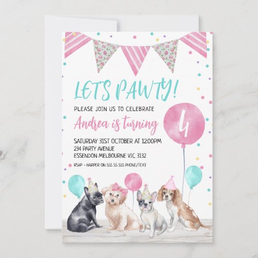 Bunting Flag Dogs Let's Pawty Birthday Uitnodiging (Voorkant)