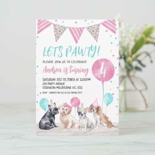 Bunting Flag Dogs Let's Pawty Birthday Uitnodiging (Staand voorkant)
