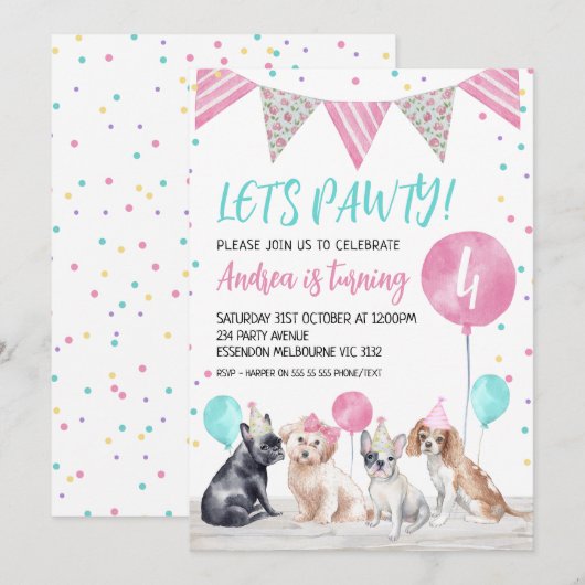 Bunting Flag Dogs Let's Pawty Birthday Uitnodiging (Voorkant / Achterkant)