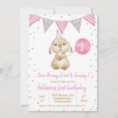 Bunting Flag Fluffy Bunny 1st Birthday Uitnodiging (Voorkant)