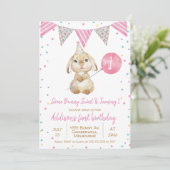 Bunting Flag Fluffy Bunny 1st Birthday Uitnodiging (Staand voorkant)
