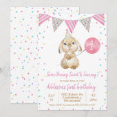 Bunting Flag Fluffy Bunny 1st Birthday Uitnodiging (Voorkant / Achterkant)