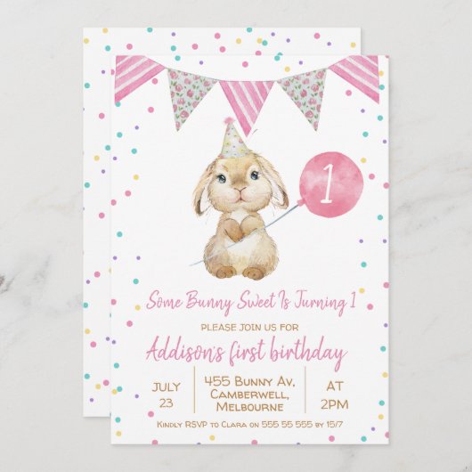 Bunting Flag Fluffy Bunny 1st Birthday Uitnodiging (Voorkant / Achterkant)