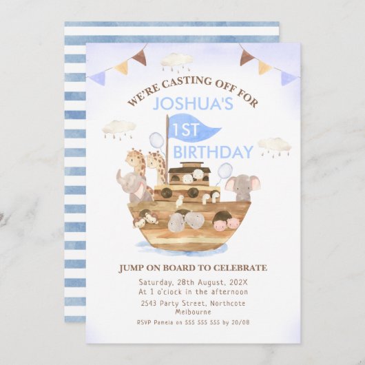 Bunting Flags Noah's Ark Boys 1st Birthday Kaart (Voorkant / Achterkant)