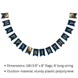 Bunting Flags Photo Navy Gold 80th Happy Birthday Vlaggetjes