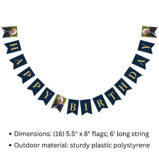 Bunting Flags Photo Navy Gold 80th Happy Birthday Vlaggetjes