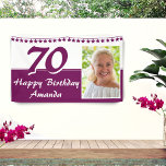 Bunting Stars Foto 70th Birthday Party Spandoek<br><div class="desc">Paarse Glitter Bunting Stars Foto 70th Birthday Party Banner. Verander de naam en de foto op de banner.</div>