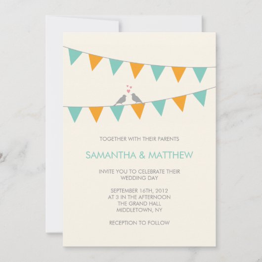 Bunting Tortelduifjes Wedding Invitation Blue Sina Kaart (Voorkant)