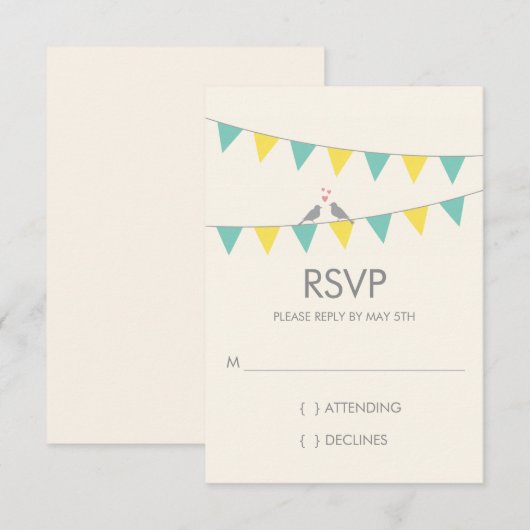 Bunting Tortelduifjes Wedding RSVP - Blue Yellow Kaartje (Voorkant / Achterkant)