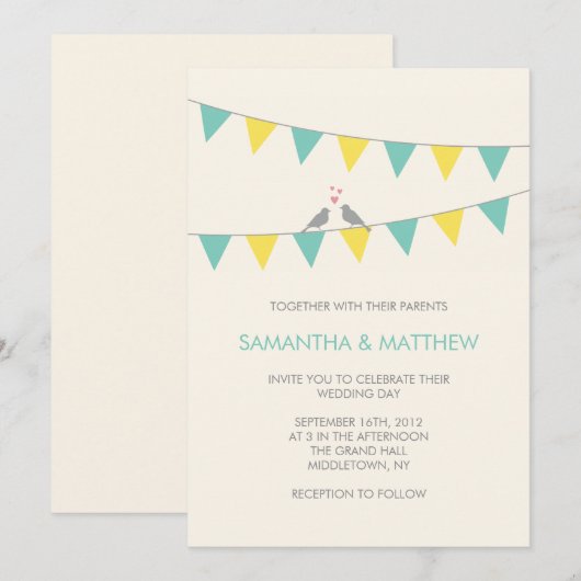 Bunting Tortelduifjes Wedding Uitnodiging Blauw Ge (Voorkant / Achterkant)