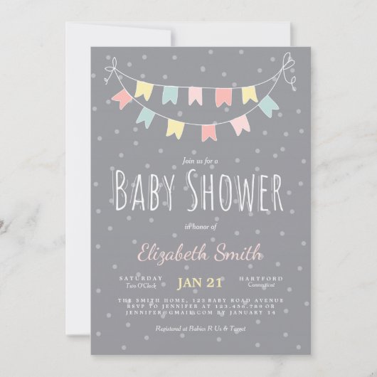 Buntings Baby shower Invitation Grijs Roze Mint Kaart (Voorkant)