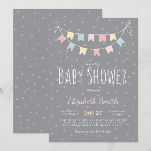 Buntings Baby shower Invitation Grijs Roze Mint Kaart (Voorkant / Achterkant)