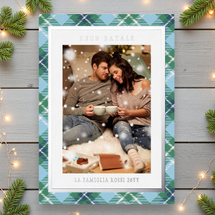 Buon Natale Blue Green Plaid Tartan Foto Folie Feestdagenkaart