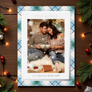 Buon Natale Blue Green Plaid Tartan Foto Folie Feestdagenkaart
