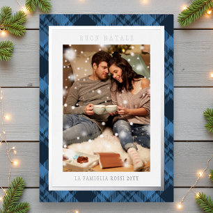 Buon Natale Blue Plaid Tartan Foto Folie Feestdagenkaart