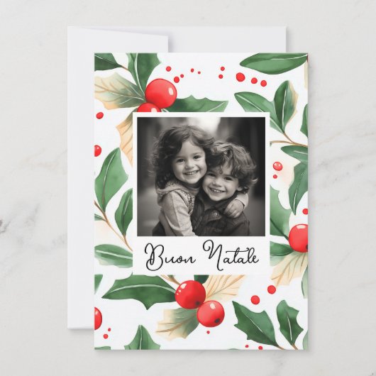 Buon Natale Christmas Card Festive Holly Art Kaart (Voorkant)